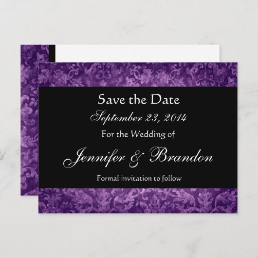 Paarse en zwarte Damask Save The Date Briefkaart (Voorkant / Achterkant)