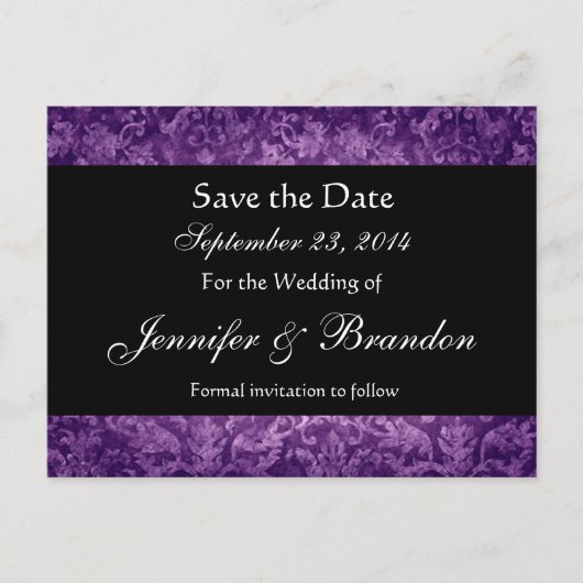 Paarse en zwarte Damask Save The Date Briefkaart (Voorkant)