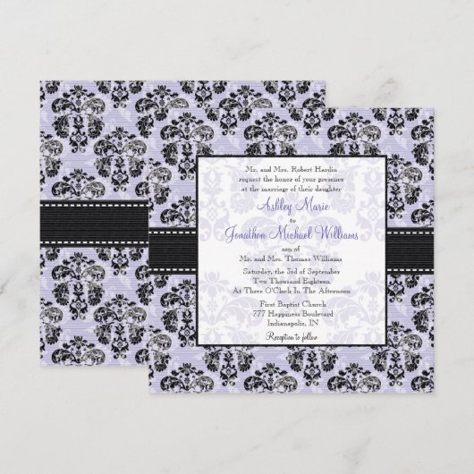 Paarse en zwarte Damask Wedding-uitnodigingen Kaart (Voorkant / Achterkant)