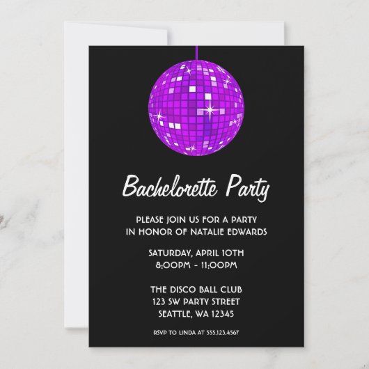 Paarse en zwarte Disco Ball Bachelorette Party Kaart (Voorkant)