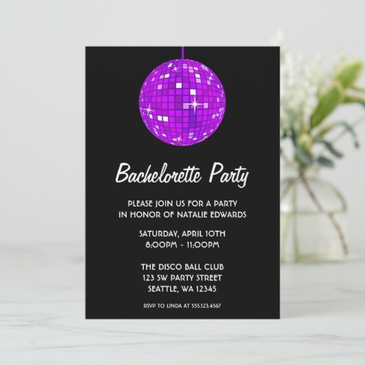 Paarse en zwarte Disco Ball Bachelorette Party Kaart (Staand voorkant)