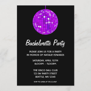 Paarse en zwarte Disco Ball Bachelorette Party Kaart