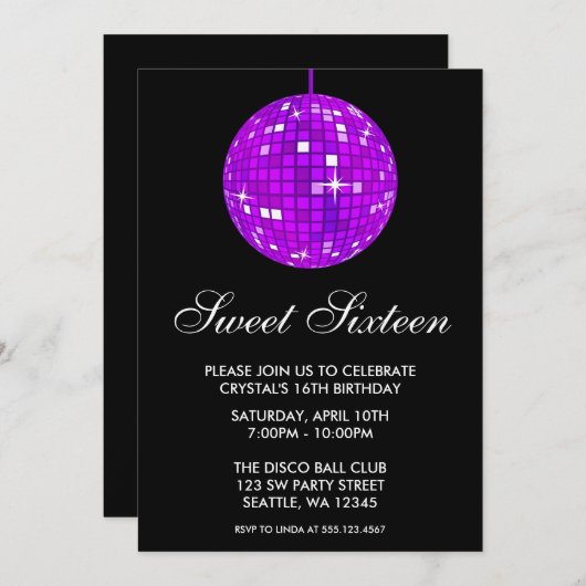 Paarse en zwarte Disco Ball Sweet Zestien Verjaard Kaart (Voorkant / Achterkant)