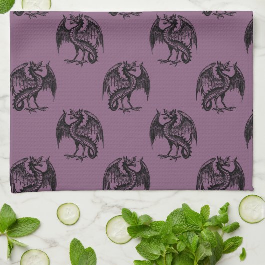Paarse en zwarte draken patroon Halloween Theedoek (Gevouwen)