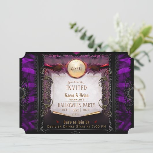 Paarse en zwarte elegante Halloween Party Note Kaart (Staand voorkant)