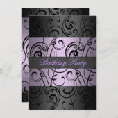 Paarse en zwarte elegante swirl verjaardagsuitnodi kaart (Voorkant / Achterkant)