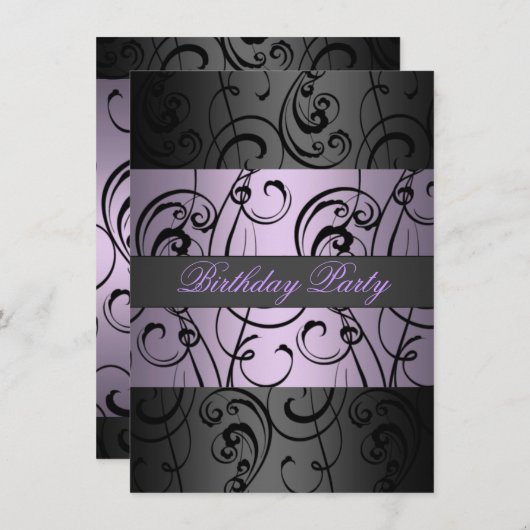 Paarse en zwarte elegante swirl verjaardagsuitnodi kaart (Voorkant / Achterkant)
