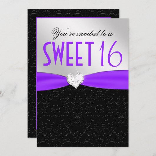 Paarse en zwarte Floral Damask Diamond Heart Kaart (Voorkant / Achterkant)