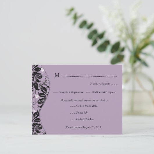Paarse en zwarte Floral RSVP-kaart RSVP Kaartje (Staand voorkant)