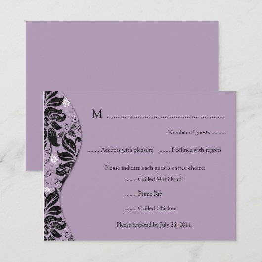 Paarse en zwarte Floral RSVP-kaart RSVP Kaartje (Voorkant / Achterkant)