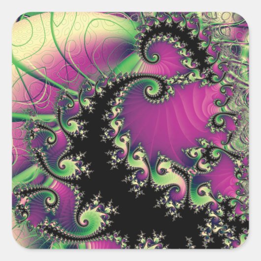 Paarse en zwarte fractal spiralen vierkante sticker (Voorkant)
