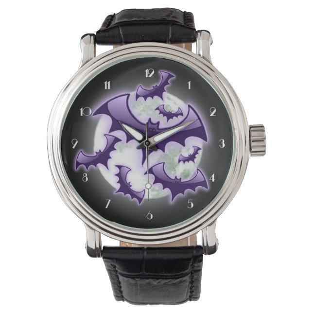 Paarse en zwarte Full Moon Bats Wrist Watch Horloge (Voorkant)