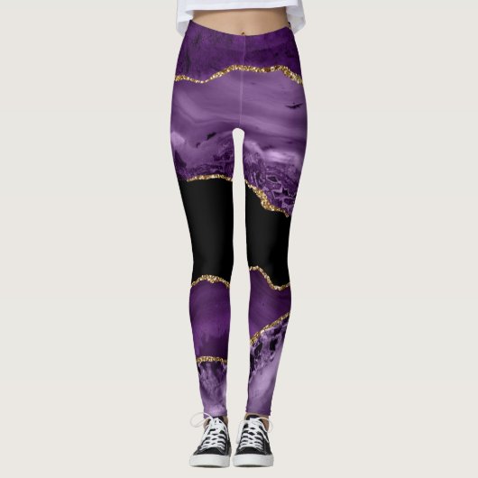 Paarse en zwarte gemarmerde Agate en Gold Glitter Leggings (Voorkant)