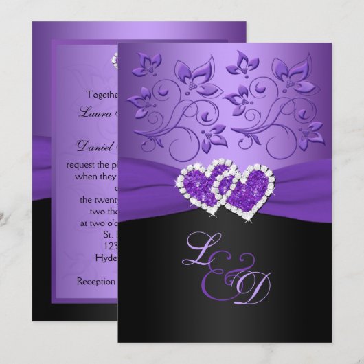 Paarse en Zwarte Gevoegde Harten Monogrammed nodig Kaart (Voorkant / Achterkant)