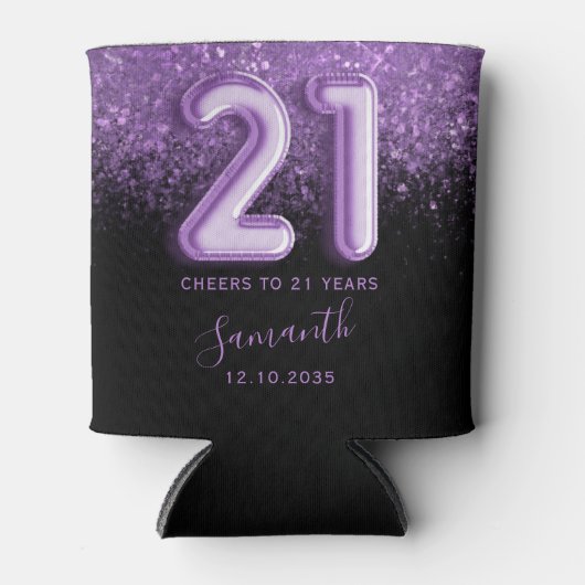Paarse en zwarte glitter 21e verjaardag blikjeskoeler (Voorkant)
