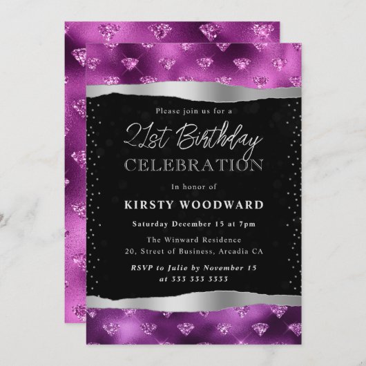 Paarse en zwarte Glitter Diamonds 21e verjaardag Kaart (Voorkant / Achterkant)