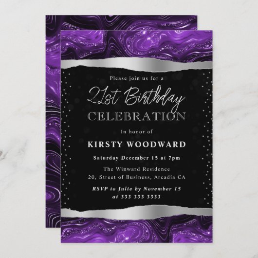 Paarse en zwarte glitter shimmer 21ste verjaardag kaart (Voorkant / Achterkant)