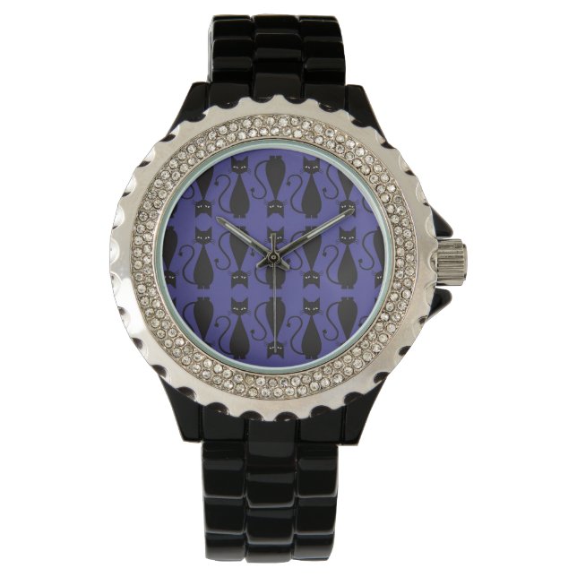 Paarse en zwarte Gothic - Kat Patroon Horloge (Voorkant)