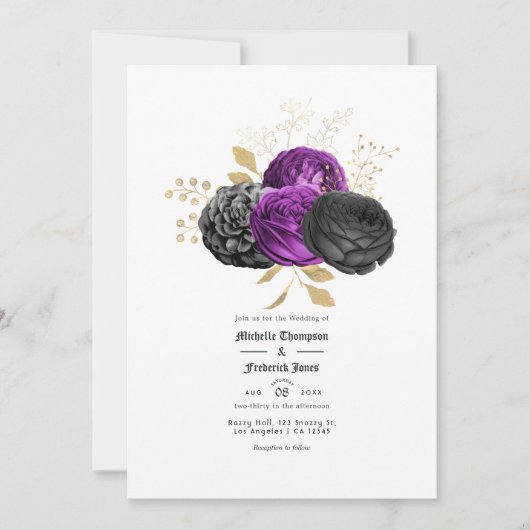 Paarse en Zwarte Gotische Bloemen Bruiloft Kaart (Voorkant)