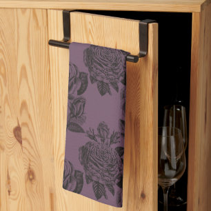 Paarse en Zwarte Gotische Rozen Patroon Halloween Theedoek