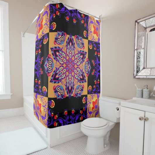 Paarse en zwarte grafische illustratie, violette N Douchegordijn (In situ)