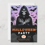 Paarse en zwarte Grim Reaper Skeleton Halloween Kaart (Voorkant)