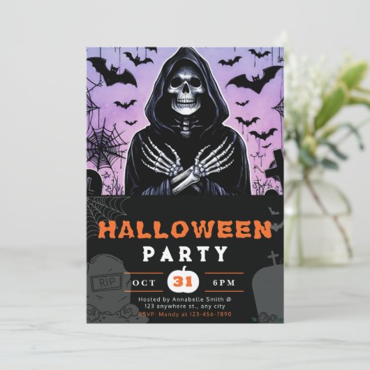 Paarse en zwarte Grim Reaper Skeleton Halloween Kaart (Staand voorkant)