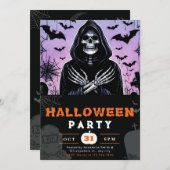 Paarse en zwarte Grim Reaper Skeleton Halloween Kaart (Voorkant / Achterkant)