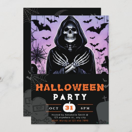 Paarse en zwarte Grim Reaper Skeleton Halloween Kaart (Voorkant / Achterkant)