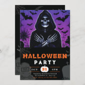 Paarse en zwarte Grim Reaper Skeleton Halloween Kaart (Voorkant / Achterkant)