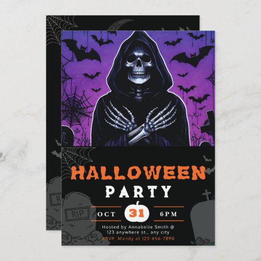 Paarse en zwarte Grim Reaper Skeleton Halloween Kaart (Voorkant / Achterkant)