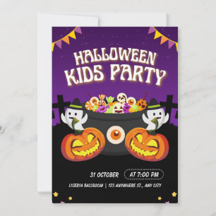 Paarse en Zwarte Halloween Kinderfeest Uitnodiging