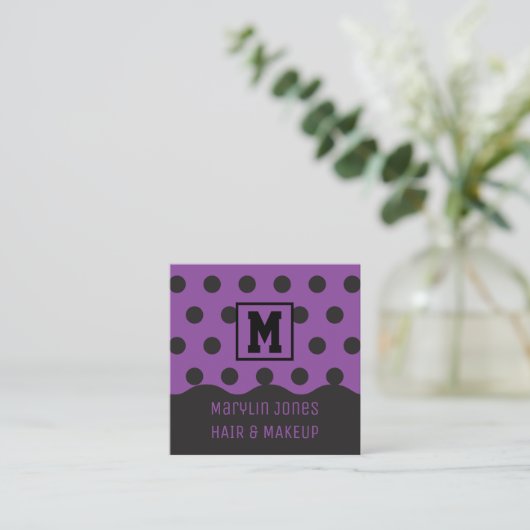 PAARSE EN ZWARTE HALLOWEEN POLKA DOT VIERKANTE VISITEKAARTJE (Staand voorkant)