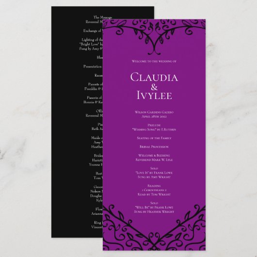 Paarse en zwarte-heart-gothische weddenschapsprogr menu (Voorkant / Achterkant)
