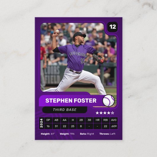 Paarse en zwarte honkbalspeler Trading Photo Card Contactkaartje (Voorkant)