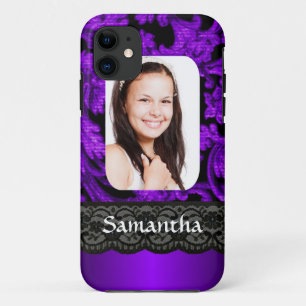 Paarse en zwarte kant gepersonaliseerde foto templ iPhone 11 hoesje