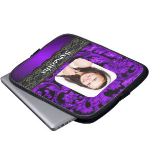 Paarse en zwarte kant gepersonaliseerde foto templ laptop sleeve