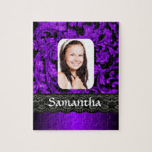 Paarse en zwarte kant gepersonaliseerde foto templ legpuzzel