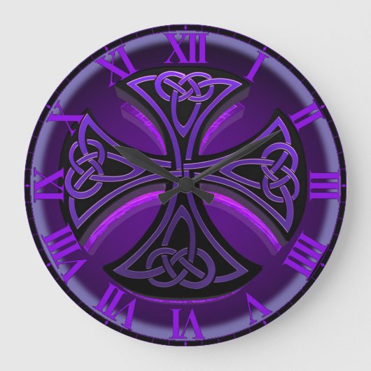 Paarse en zwarte, Keltische Cross Wall Clock Grote Klok (Voorkant)