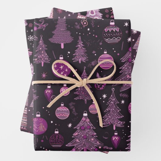 Paarse en zwarte kerstbomen Kerstmis Inpakpapier Vel (In situ)