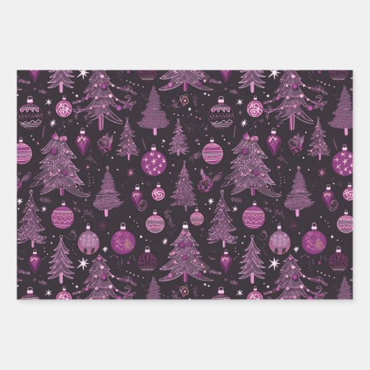 Paarse en zwarte kerstbomen Kerstmis Inpakpapier Vel (Voorkant)
