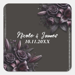 Paarse en zwarte lelie roze bloemen bruiloft vierkante sticker