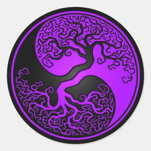 Paarse en zwarte levensboom Yin Yang Ronde Sticker (Voorkant)