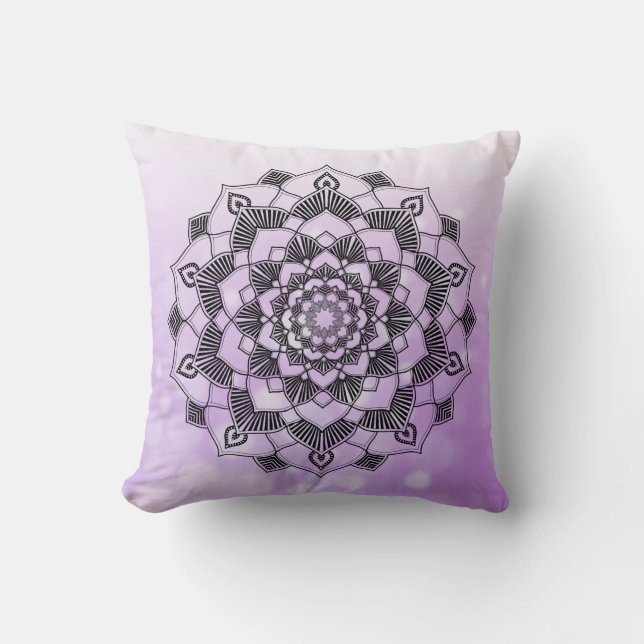Paarse en Zwarte Mandala Abstracte Worp Kussen (Voorkant)