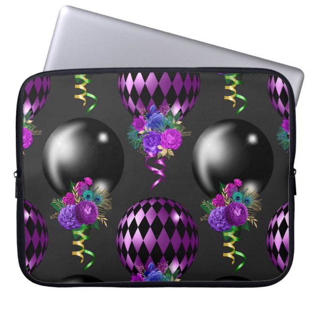 PAARSE EN ZWARTE MARDI GRAS BALLOONS EN BOUWEN LAPTOP SLEEVE (Voorkant)