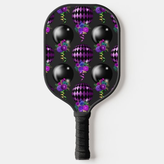 PAARSE EN ZWARTE MARDI GRAS BALLOONS FLOWERS TASSE PICKLEBALL PADDLE (Voorkant)