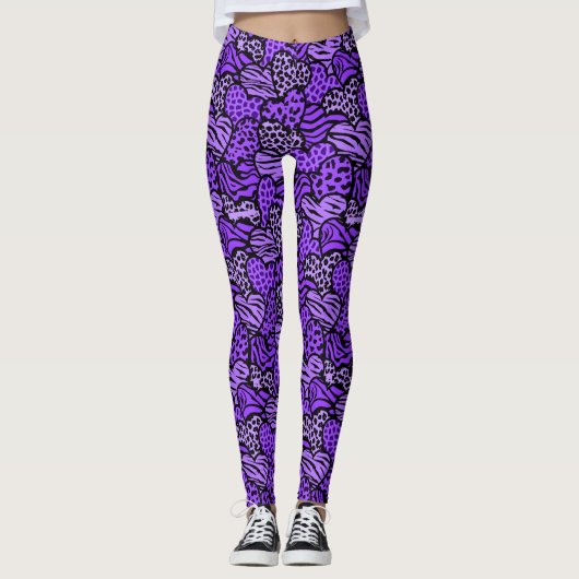 Paarse en zwarte meisjesachtige dierenprint harten leggings (Voorkant)