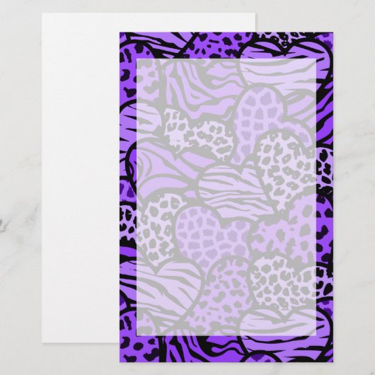 Paarse en zwarte meisjesachtige dierprint harten briefpapier (Voorkant / Achterkant)