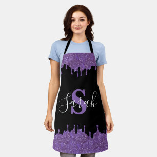 Paarse en zwarte monogram Glitter Drift Apron Schort