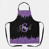 Paarse en zwarte monogram Glitter Drift Apron Schort (Voorkant)